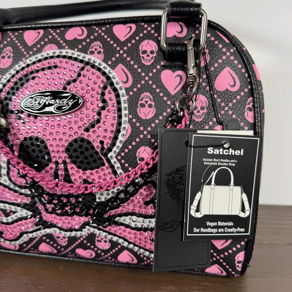 Ed Hardy Satchel Handbag Black Pink Skull Hearts Rhinestone Vegan Leather Purse